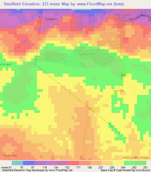 Steelfield,Jamaica Elevation Map