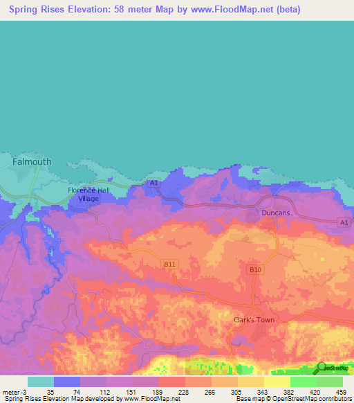 Spring Rises,Jamaica Elevation Map