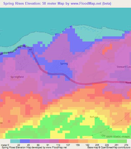 Spring Rises,Jamaica Elevation Map