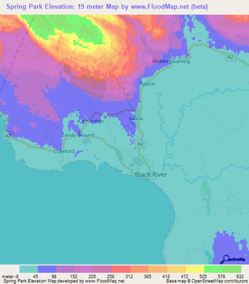 Spring Park,Jamaica Elevation Map