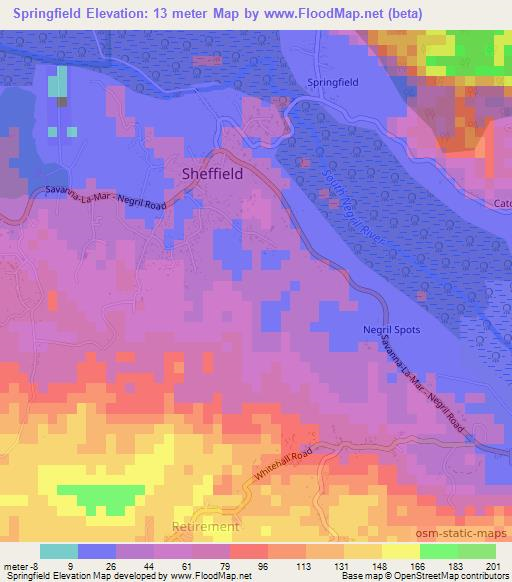 Springfield,Jamaica Elevation Map