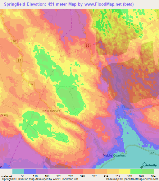 Springfield,Jamaica Elevation Map