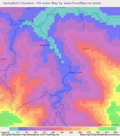 Springfield,Jamaica Elevation Map