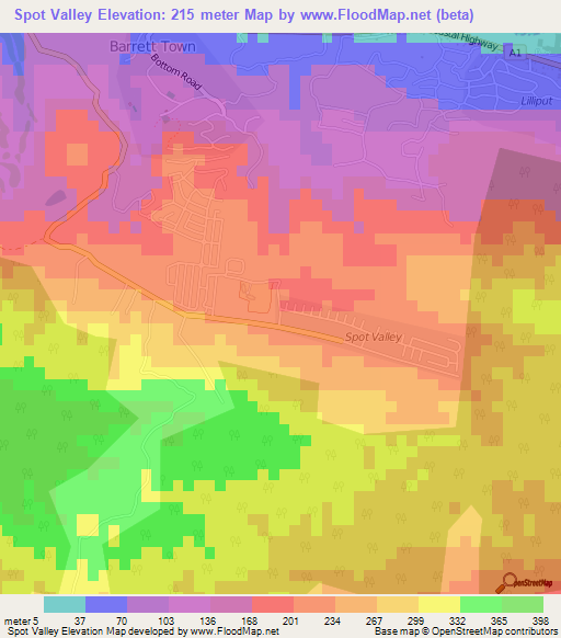 Spot Valley,Jamaica Elevation Map