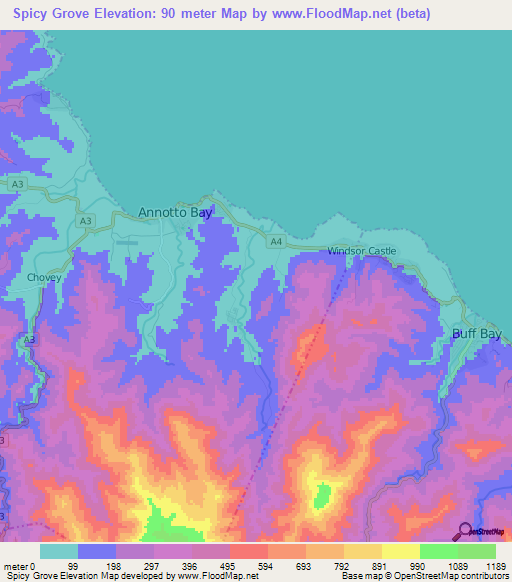 Spicy Grove,Jamaica Elevation Map