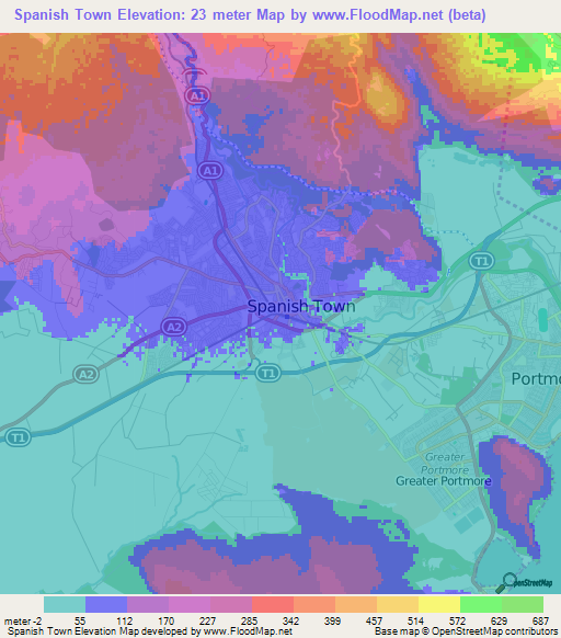 Spanish Town,Jamaica Elevation Map