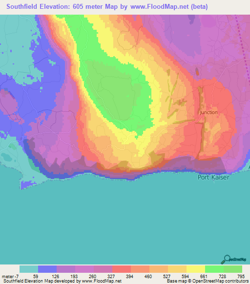 Southfield,Jamaica Elevation Map