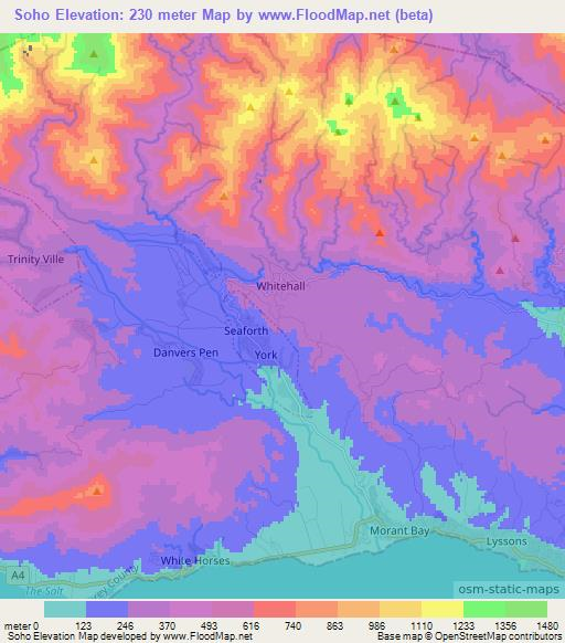 Soho,Jamaica Elevation Map