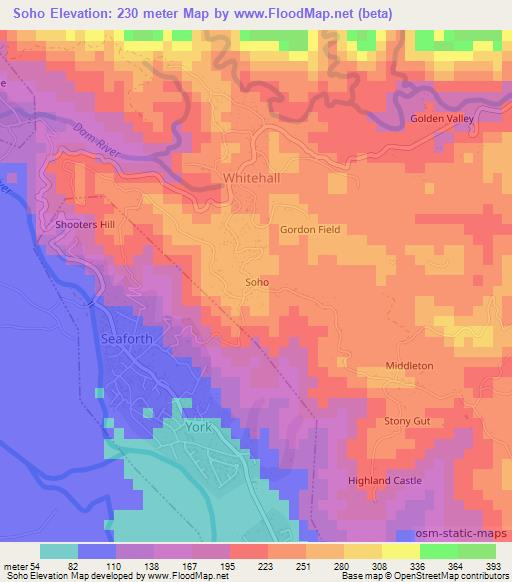 Soho,Jamaica Elevation Map