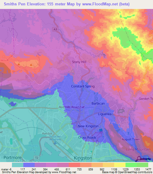 Smiths Pen,Jamaica Elevation Map