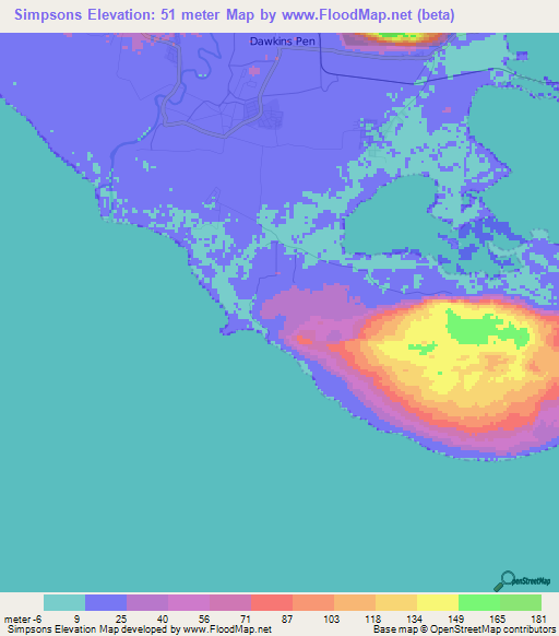 Simpsons,Jamaica Elevation Map