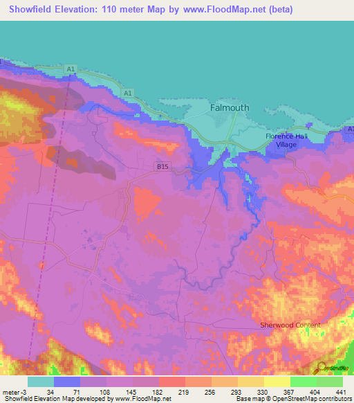 Showfield,Jamaica Elevation Map