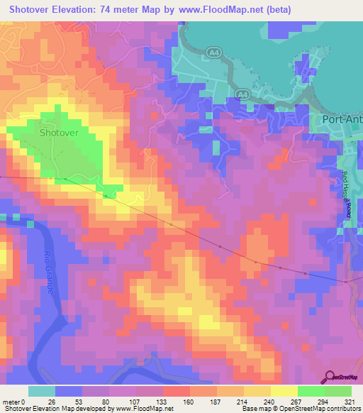 Shotover,Jamaica Elevation Map