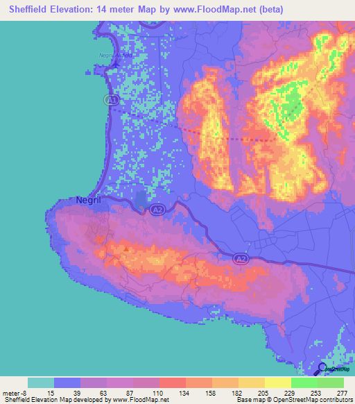 Sheffield,Jamaica Elevation Map