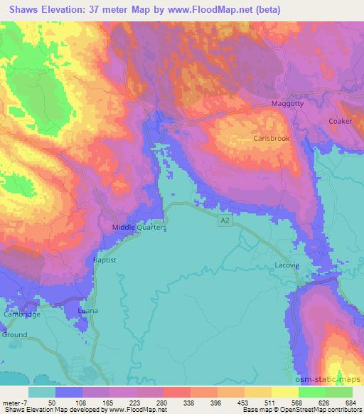 Shaws,Jamaica Elevation Map