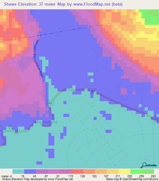 Shaws,Jamaica Elevation Map