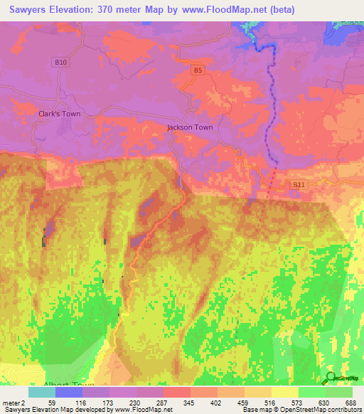 Sawyers,Jamaica Elevation Map