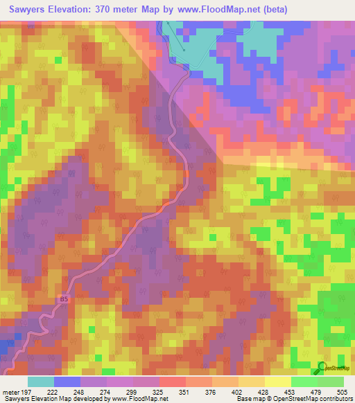 Sawyers,Jamaica Elevation Map