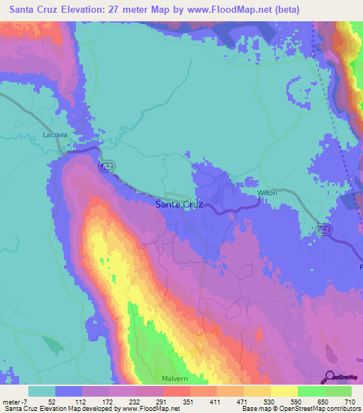 Santa Cruz,Jamaica Elevation Map