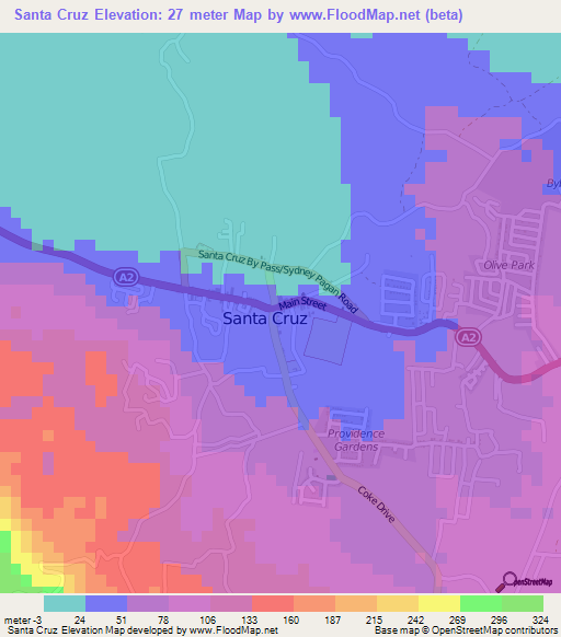 Santa Cruz,Jamaica Elevation Map