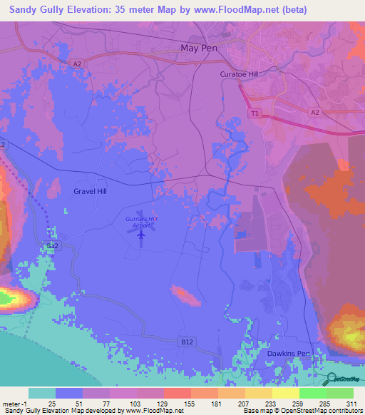 Sandy Gully,Jamaica Elevation Map