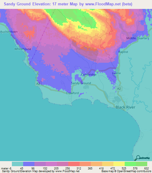 Sandy Ground,Jamaica Elevation Map