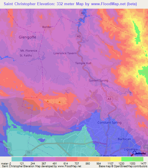 Saint Christopher,Jamaica Elevation Map