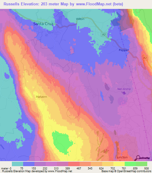 Russells,Jamaica Elevation Map