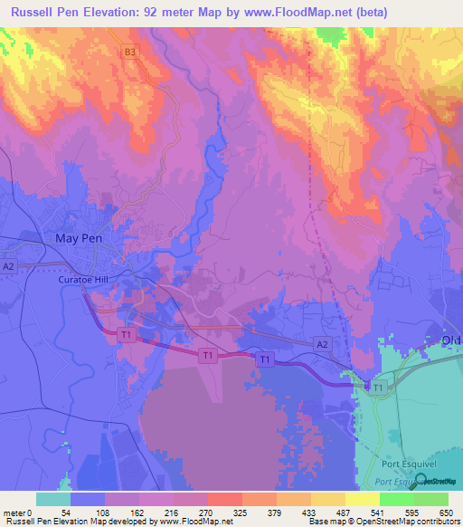 Russell Pen,Jamaica Elevation Map