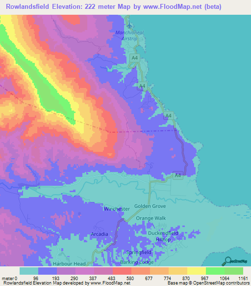 Rowlandsfield,Jamaica Elevation Map