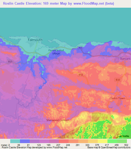 Roslin Castle,Jamaica Elevation Map