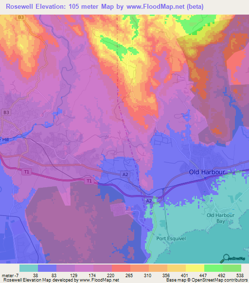 Rosewell,Jamaica Elevation Map