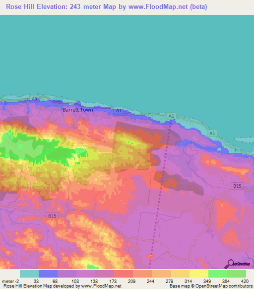 Rose Hill,Jamaica Elevation Map