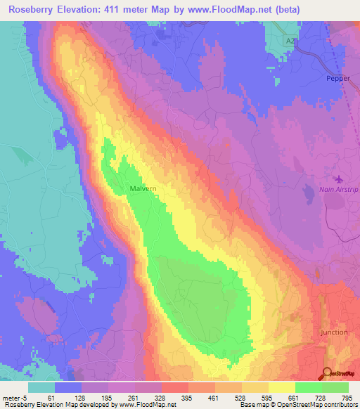 Roseberry,Jamaica Elevation Map