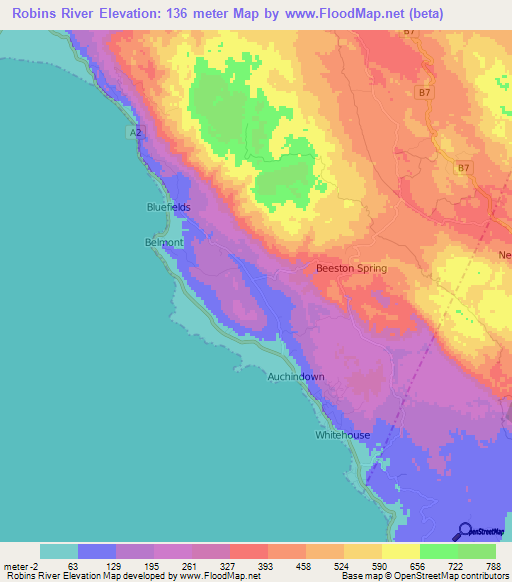Robins River,Jamaica Elevation Map