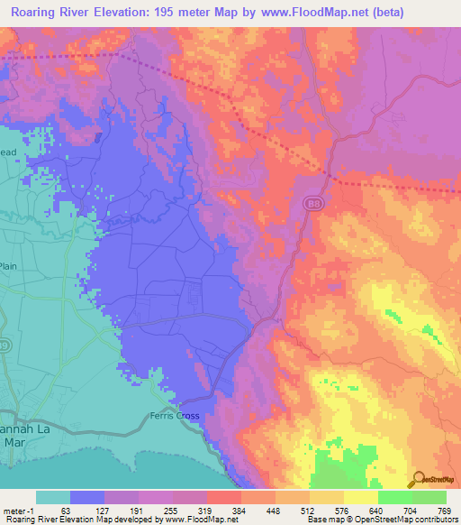 Roaring River,Jamaica Elevation Map