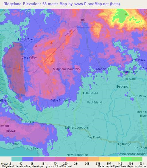 Ridgeland,Jamaica Elevation Map