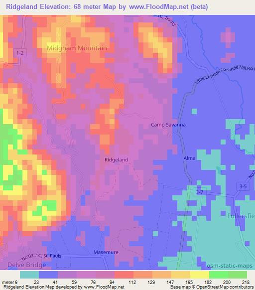 Ridgeland,Jamaica Elevation Map