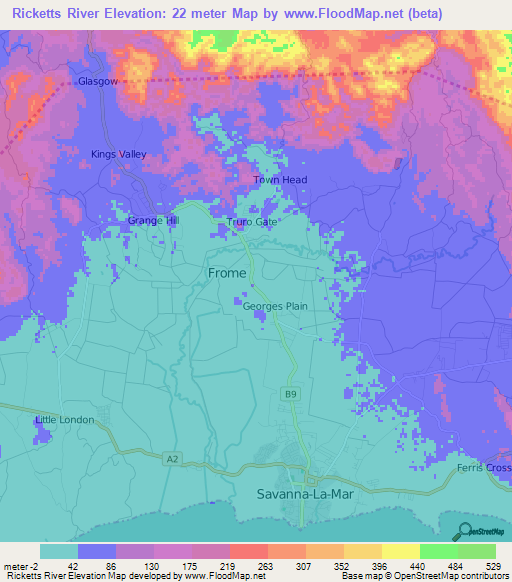 Ricketts River,Jamaica Elevation Map
