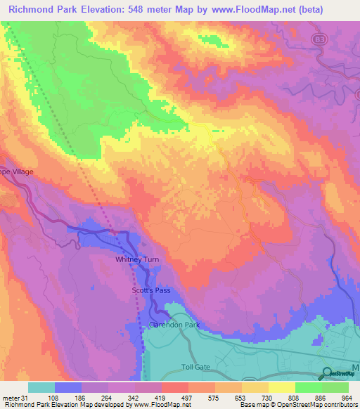 Richmond Park,Jamaica Elevation Map