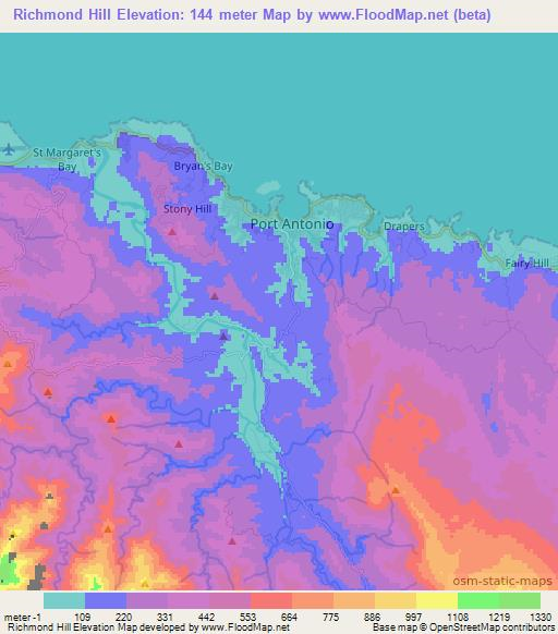 Richmond Hill,Jamaica Elevation Map