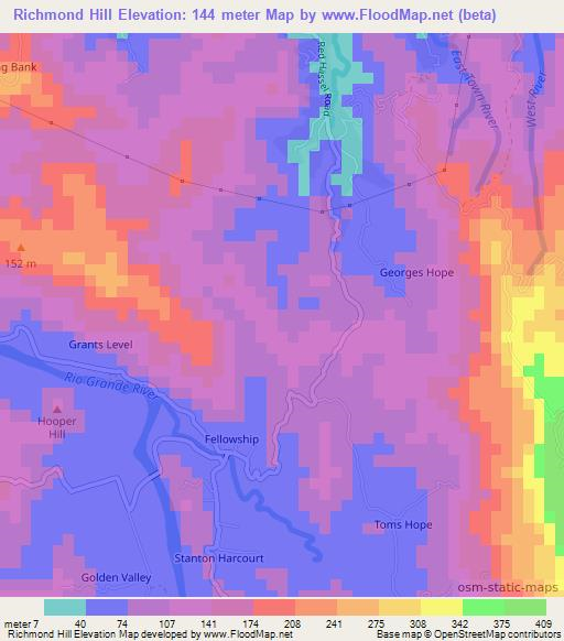 Richmond Hill,Jamaica Elevation Map
