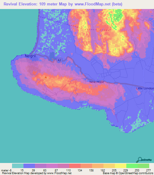 Revival,Jamaica Elevation Map