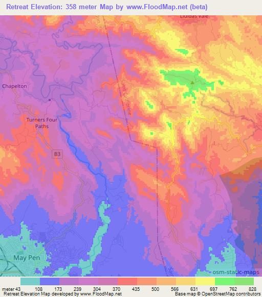 Retreat,Jamaica Elevation Map