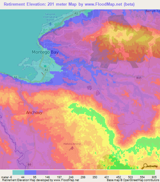 Retirement,Jamaica Elevation Map