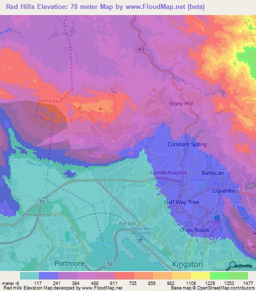 Red Hills,Jamaica Elevation Map