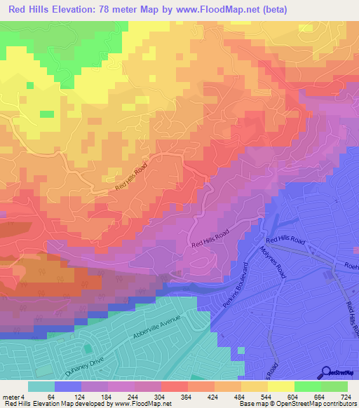 Red Hills,Jamaica Elevation Map