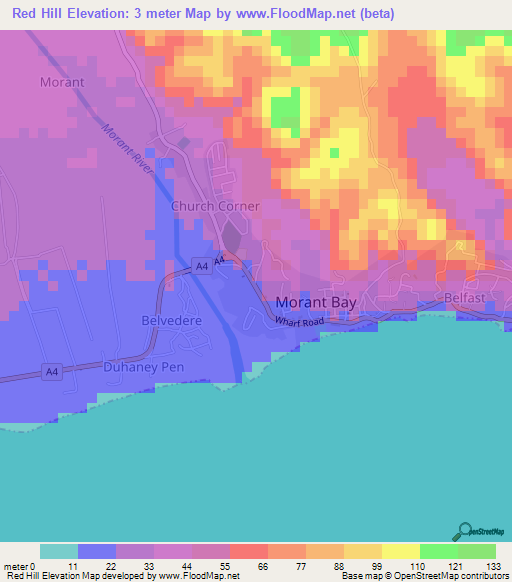 Red Hill,Jamaica Elevation Map