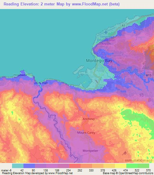 Reading,Jamaica Elevation Map