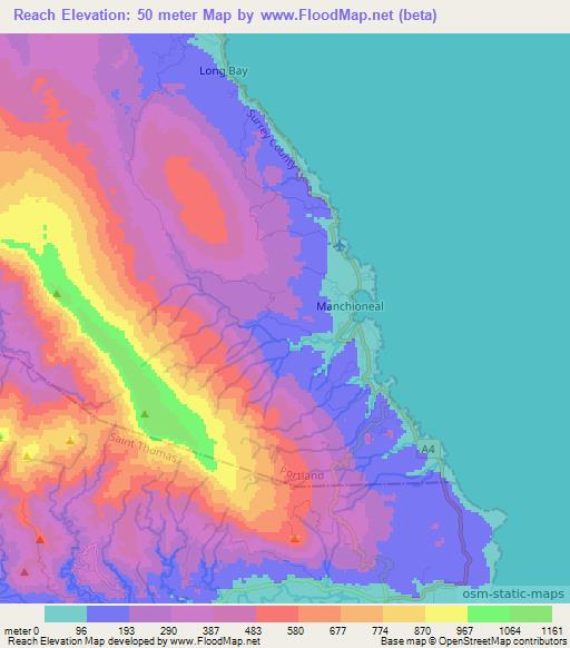 Reach,Jamaica Elevation Map